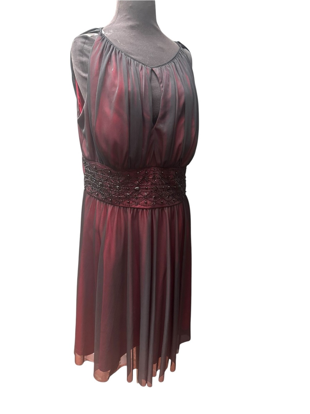 Y2K Jessica Howard Dark Romantic Beaded Waist Midi Dress XL 16 Sheer Black Red - Picture 2 of 8